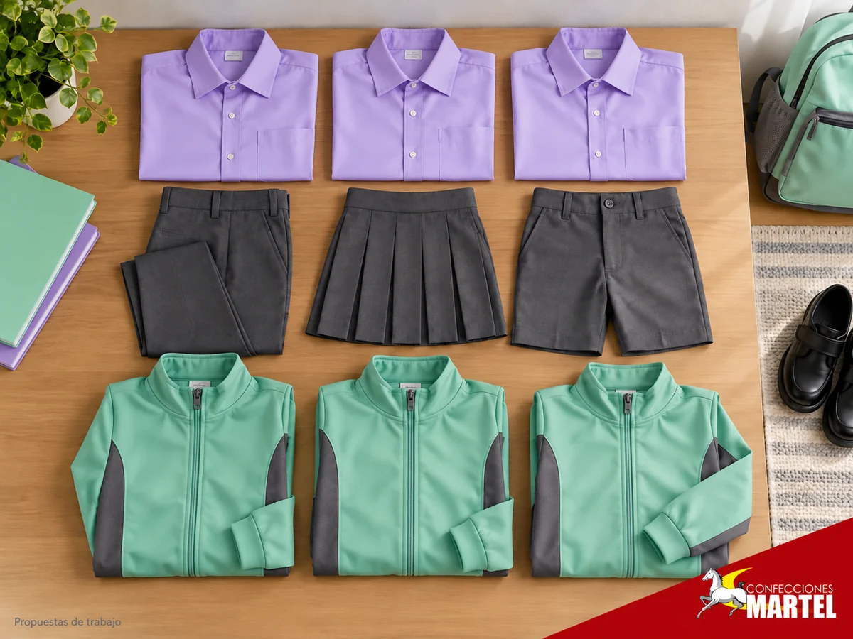 Camisas lila, pantalón, falda y short grafito y casacas menta organizados en filas. Propuesta referencial de propuesta de Confecciones Martel.