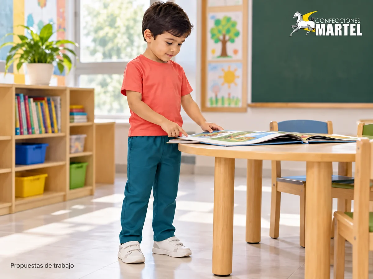 Niño ficticio con polo coral y pantalón petróleo en una escena de aula para visualizar una propuesta de uniforme inicial.