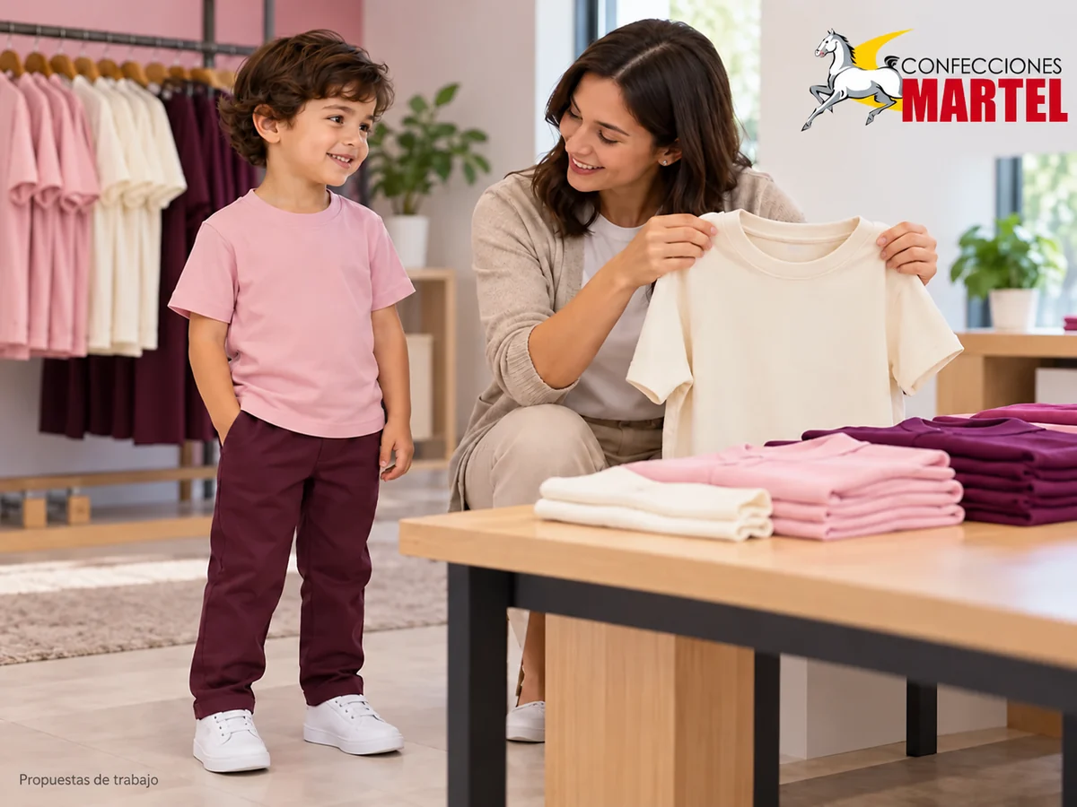 Propuesta ilustrativa Martel: niño vestido de polo sencillo con adulto revisando otra prenda.
