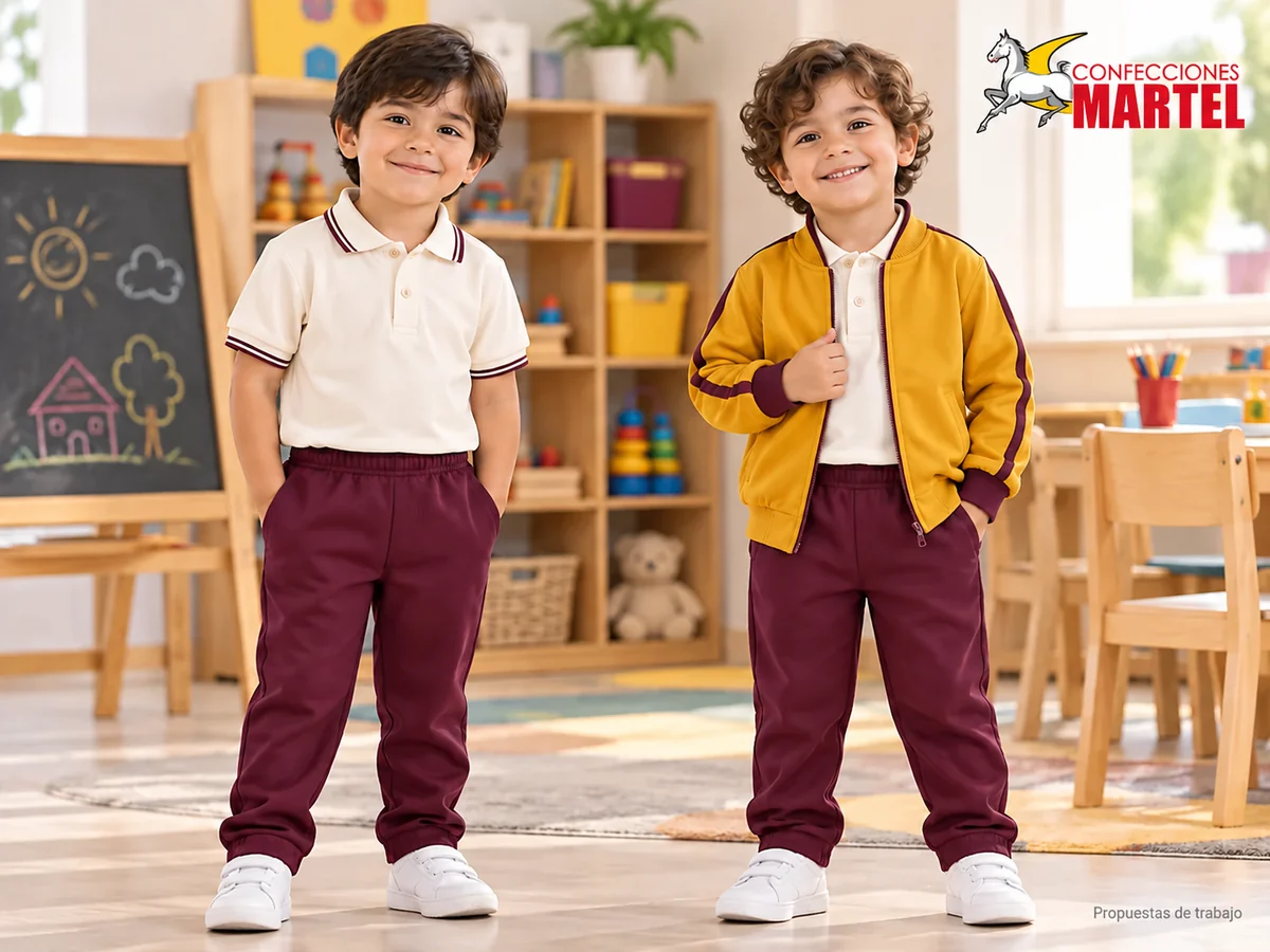 Dos niños muestran polo marfil y pantalón ciruela, uno con casaca mostaza adicional. Propuesta referencial de propuesta de Confecciones Martel.