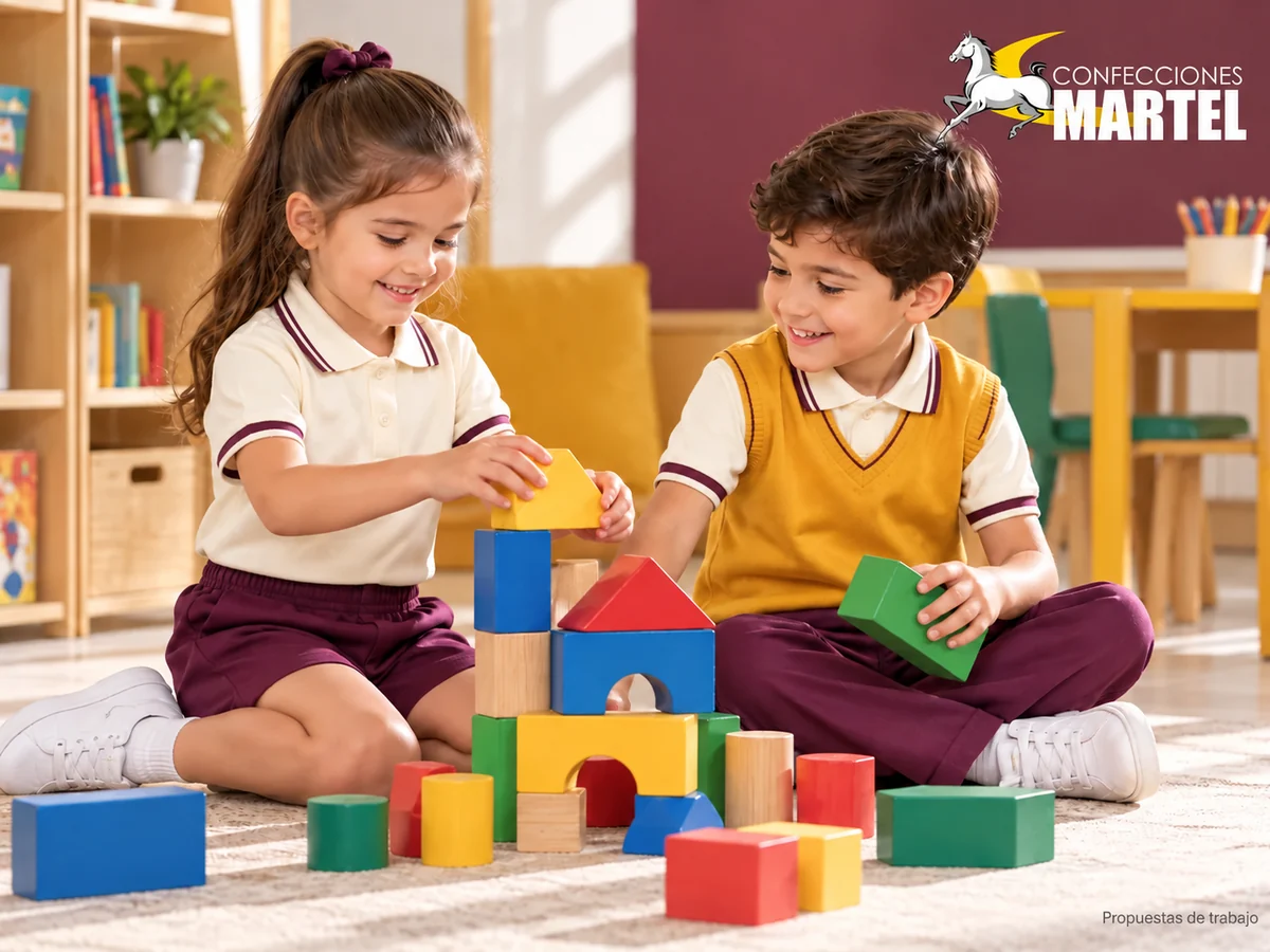 Niña con polo y short ciruela y niño con polo, pantalón ciruela y chaleco mostaza juegan con bloques. Propuesta referencial de propuesta de Confecciones Martel.