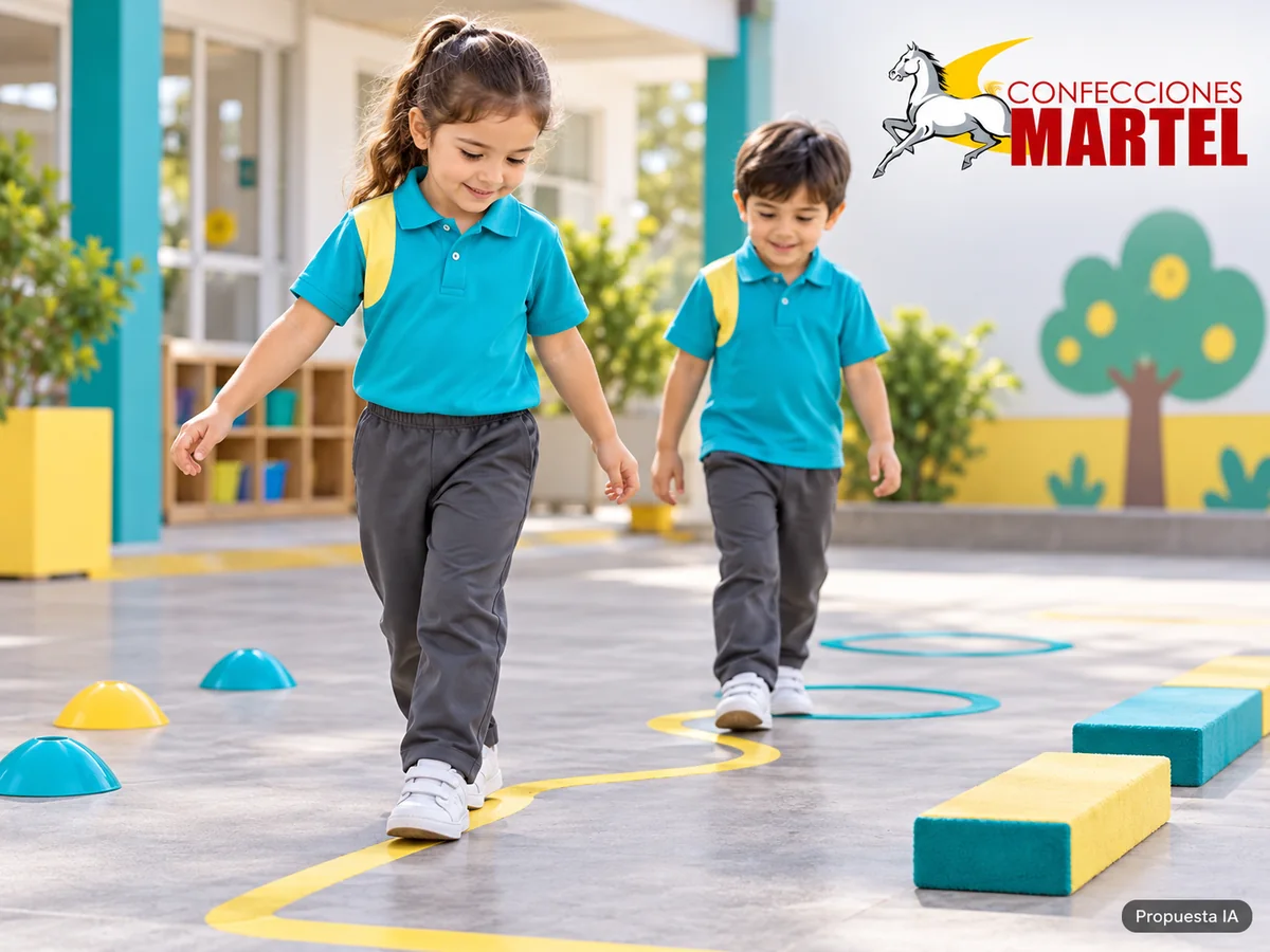 Propuesta ilustrativa Martel: niños caminando en circuito tranquilo de suelo sin saltosaltos.