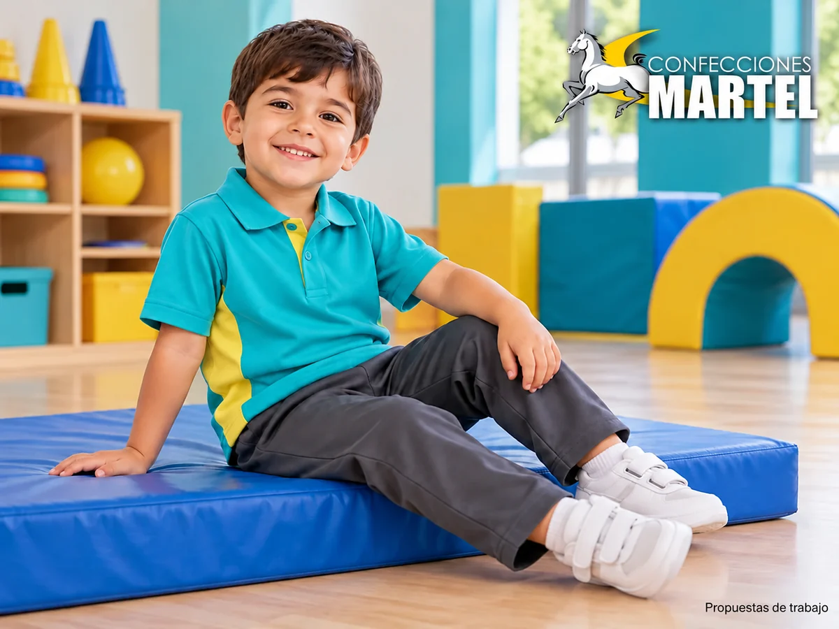 Propuesta ilustrativa Martel: niño sentado en colchoneta baja mostrando conjunto.