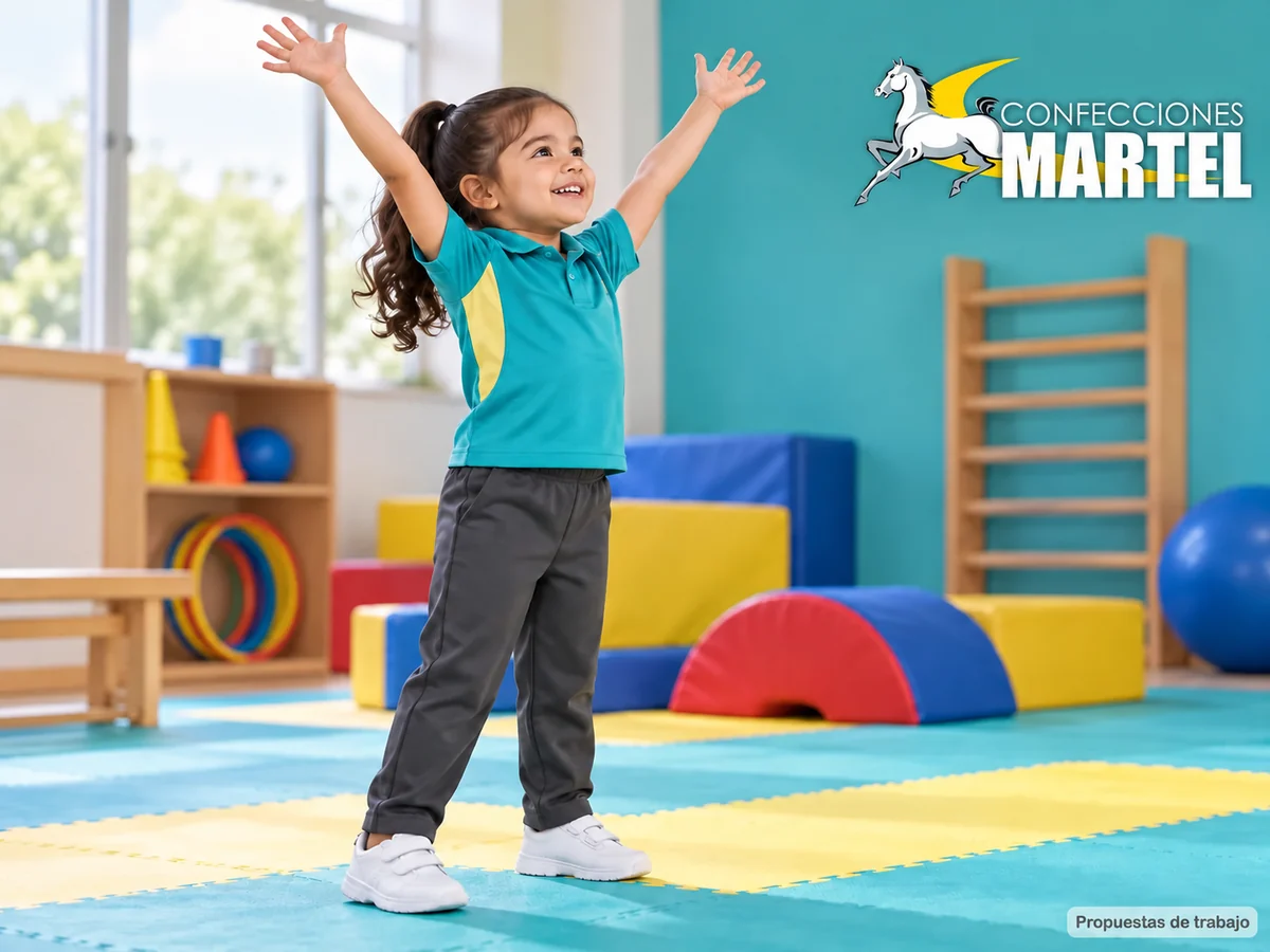 Propuesta ilustrativa Martel: niña levanta brazos de forma natural con polo y pantalón.
