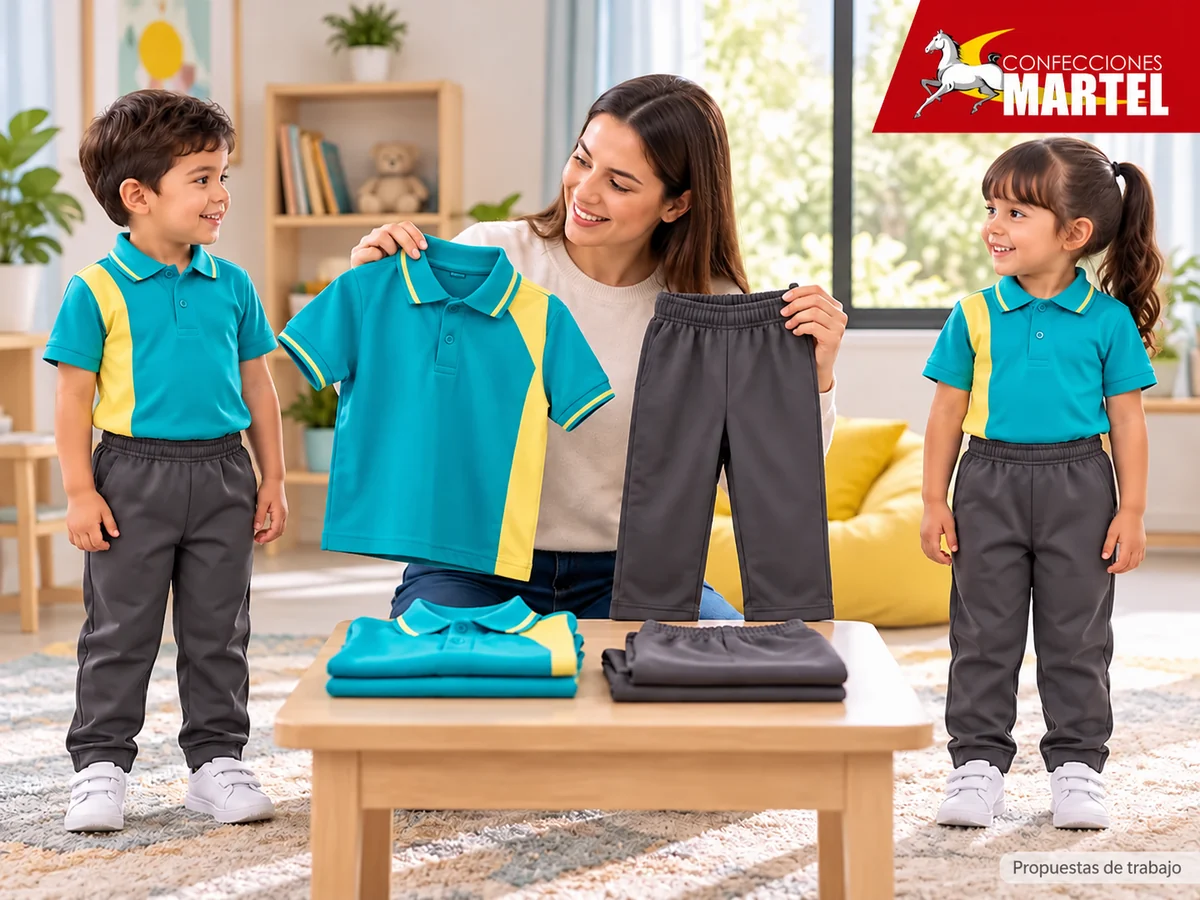 Propuesta ilustrativa Martel: adulto sostiene dos muestras de pantalón y polo.