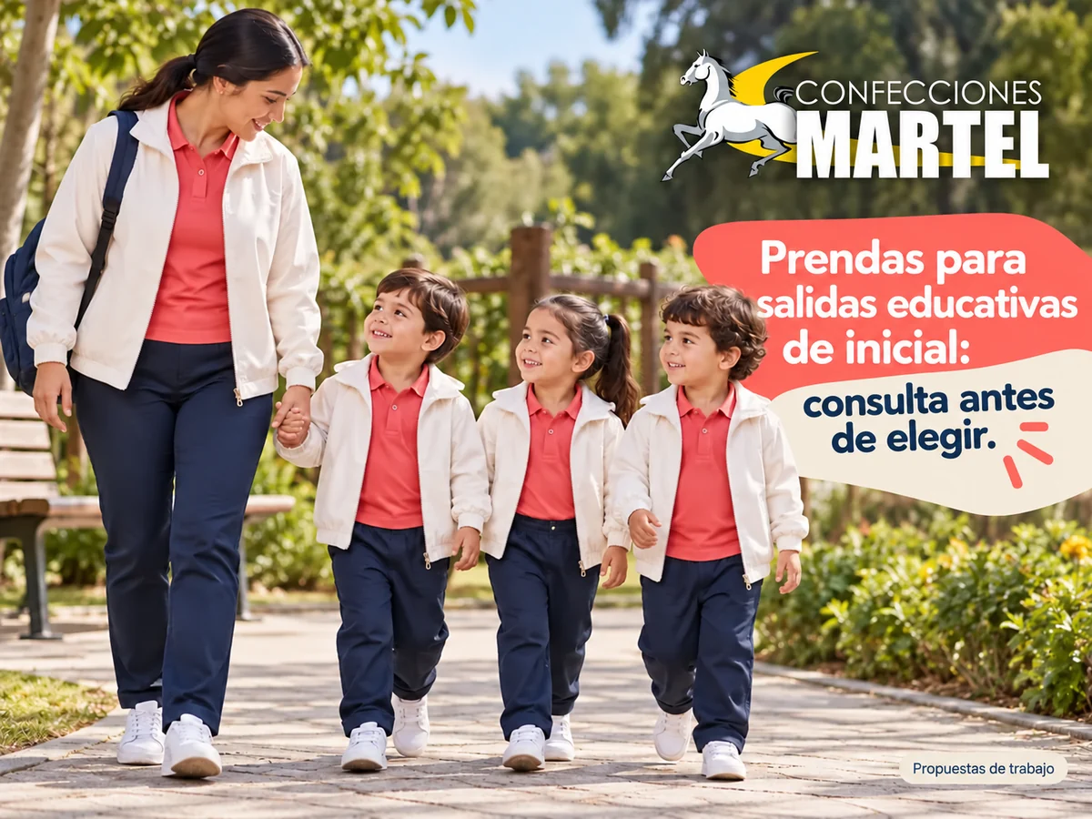 Propuesta ilustrativa Martel: grupo pequeño caminando con adulto en escenario ficticio simple.