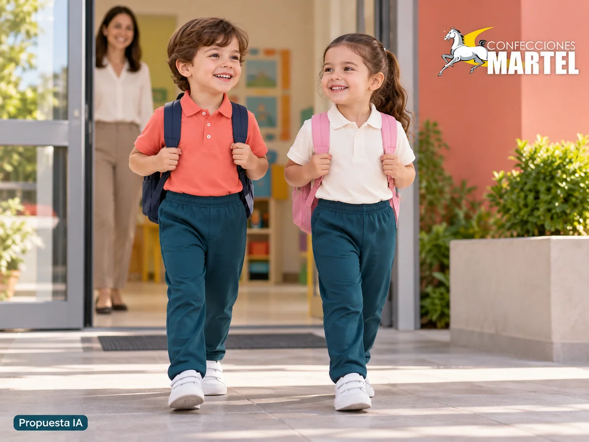 Propuesta ilustrativa Martel: niño y niña llegan con polo y pantalón, adulto ficticio al fondo.