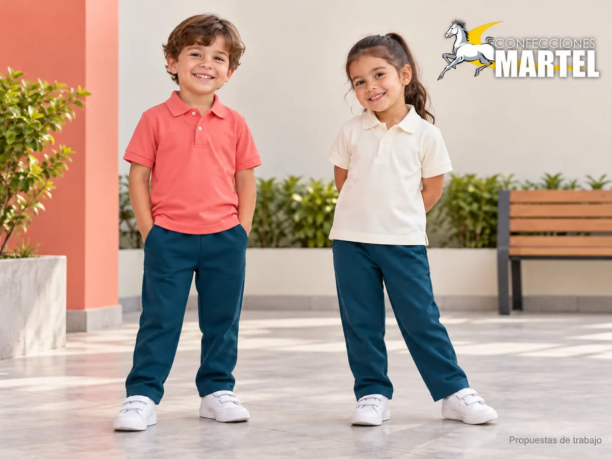 Propuesta ilustrativa Martel: niños muestran polo y pantalón sencillos sin adornos.