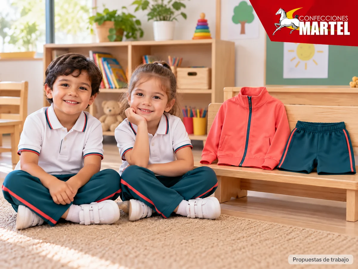 Propuesta ilustrativa Martel: casaca y short alternativos junto a niños vestidos.