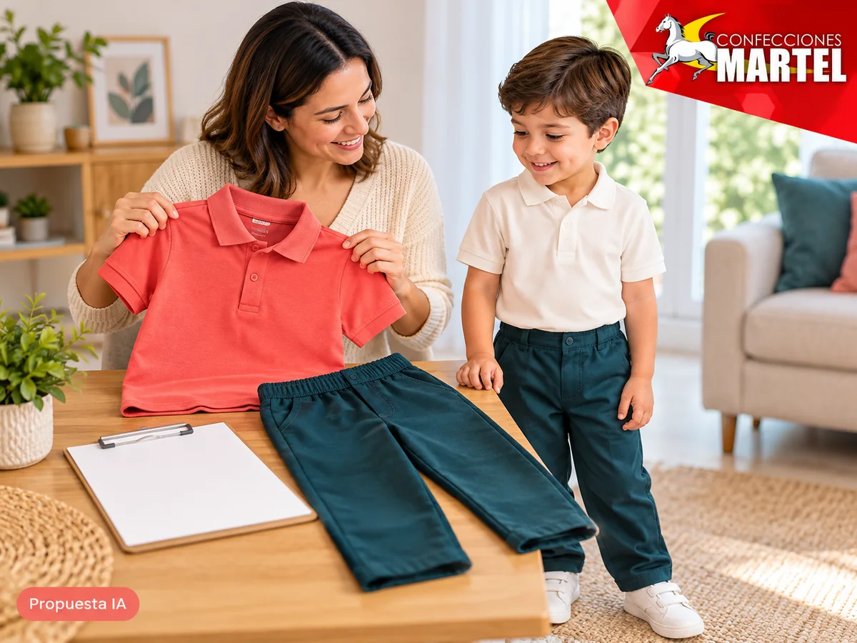 Propuesta ilustrativa Martel: adulto compara dos prendas infantiles y ficha vacía.