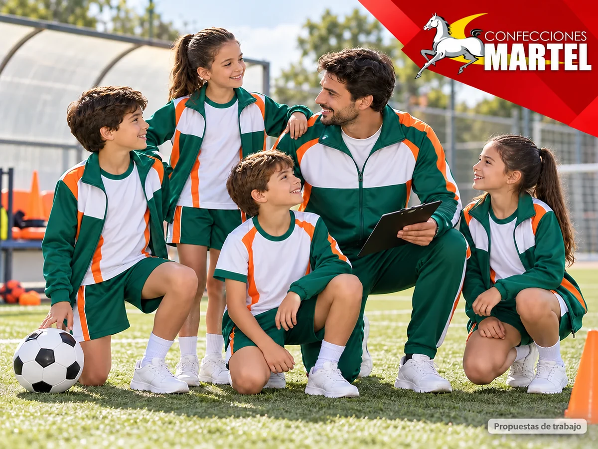 Propuesta ilustrativa Martel: grupo infantil con camiseta short y casaca junto a entrenador.
