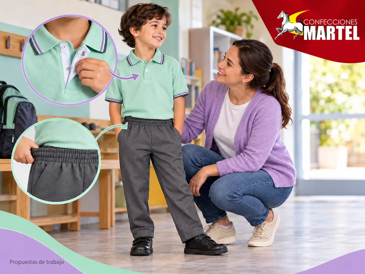 Propuesta ilustrativa Martel: niño con pantalón elástico y polo de apertura sencilla, adulto cerca sin intervención médica.