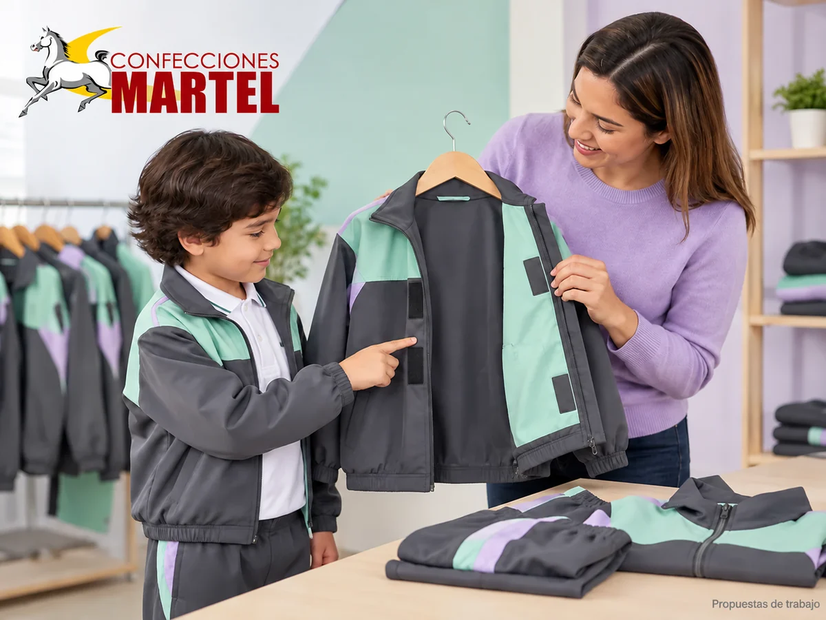 Propuesta ilustrativa Martel: niño vestido y adulto observan una casaca abierta de frente.