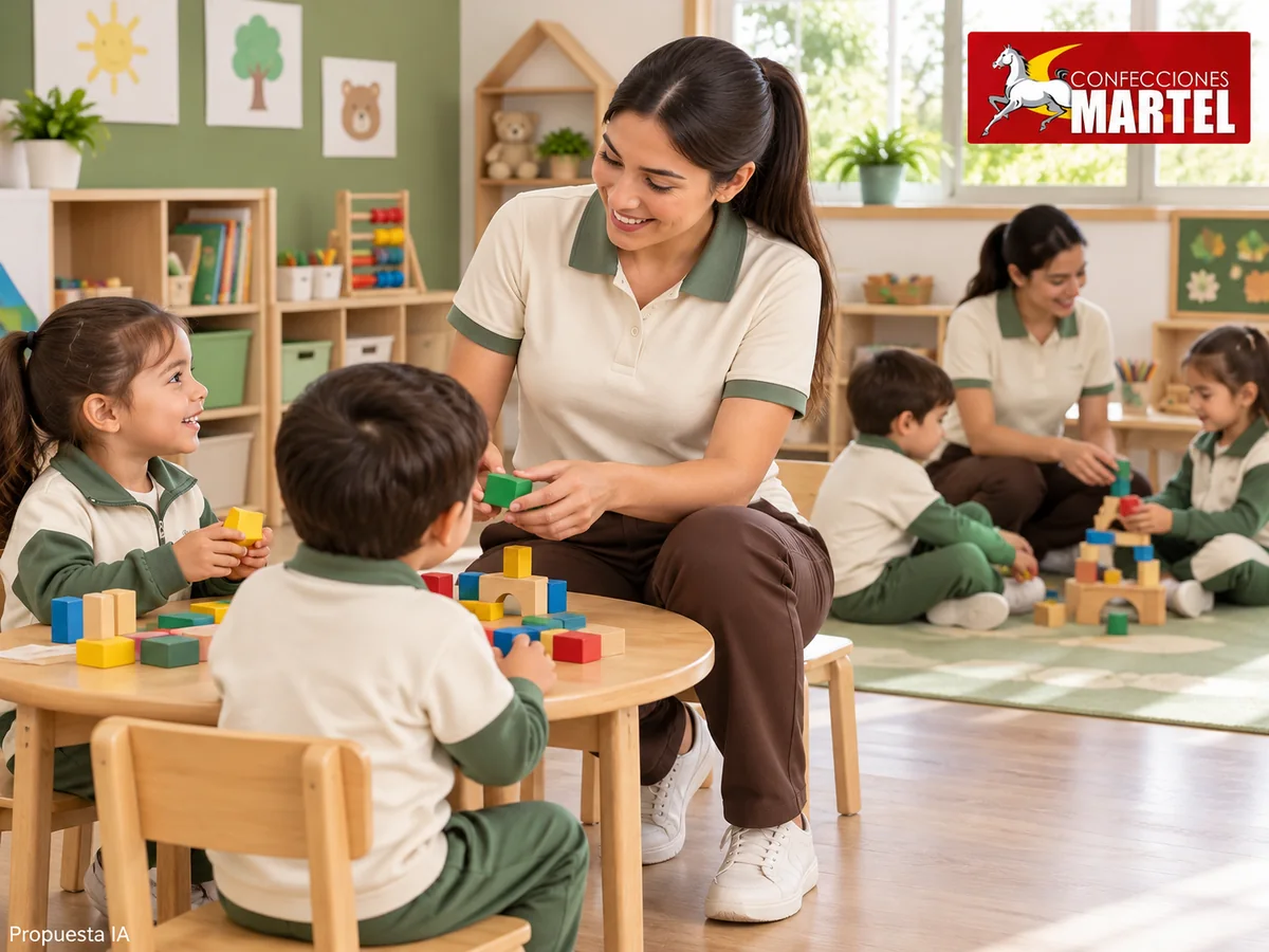 Propuesta ilustrativa Martel: adulto auxiliar con polo y pantalón en aula ficticia.