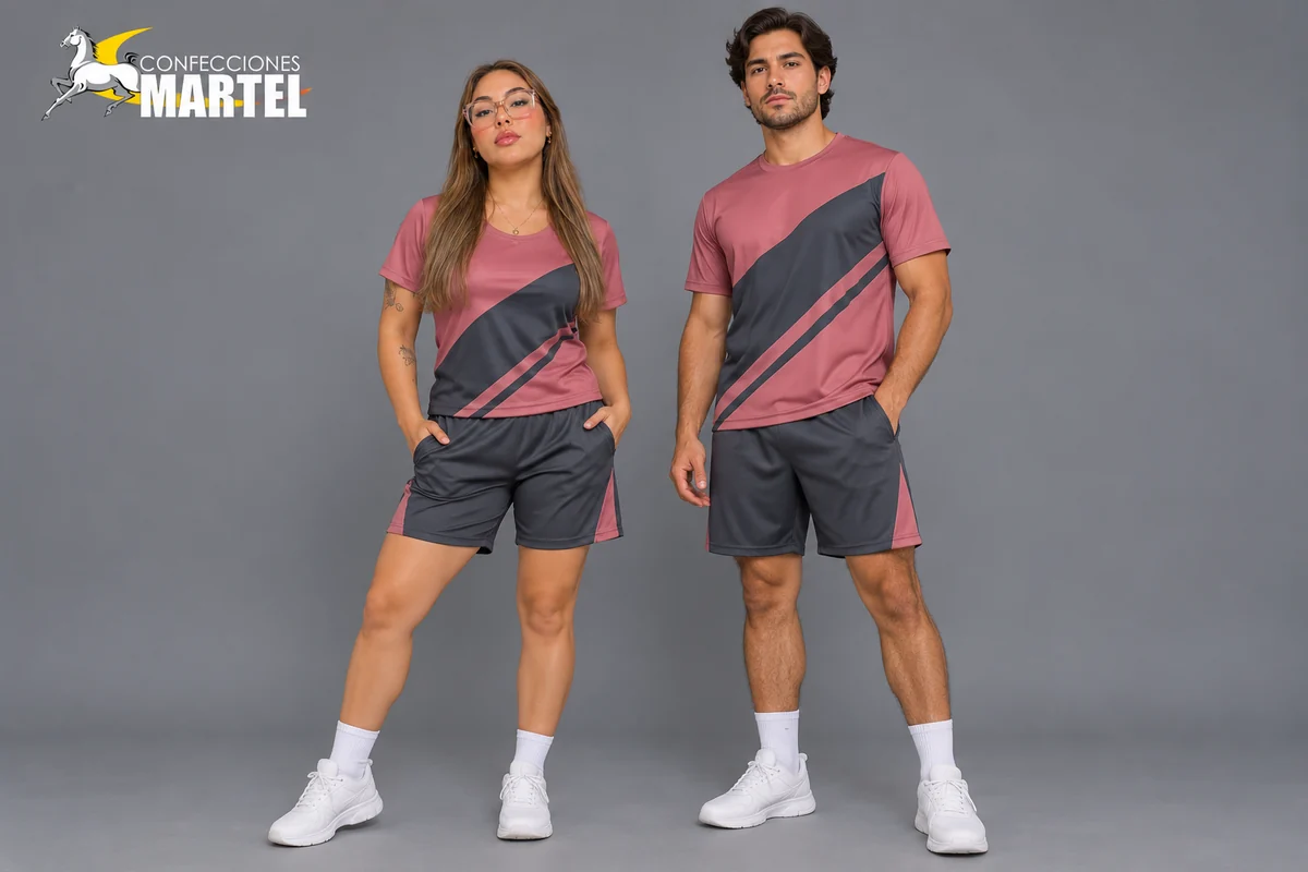 Mujer y hombre con camisetas rosa palo de bloques diagonales grafito y shorts coordinados.