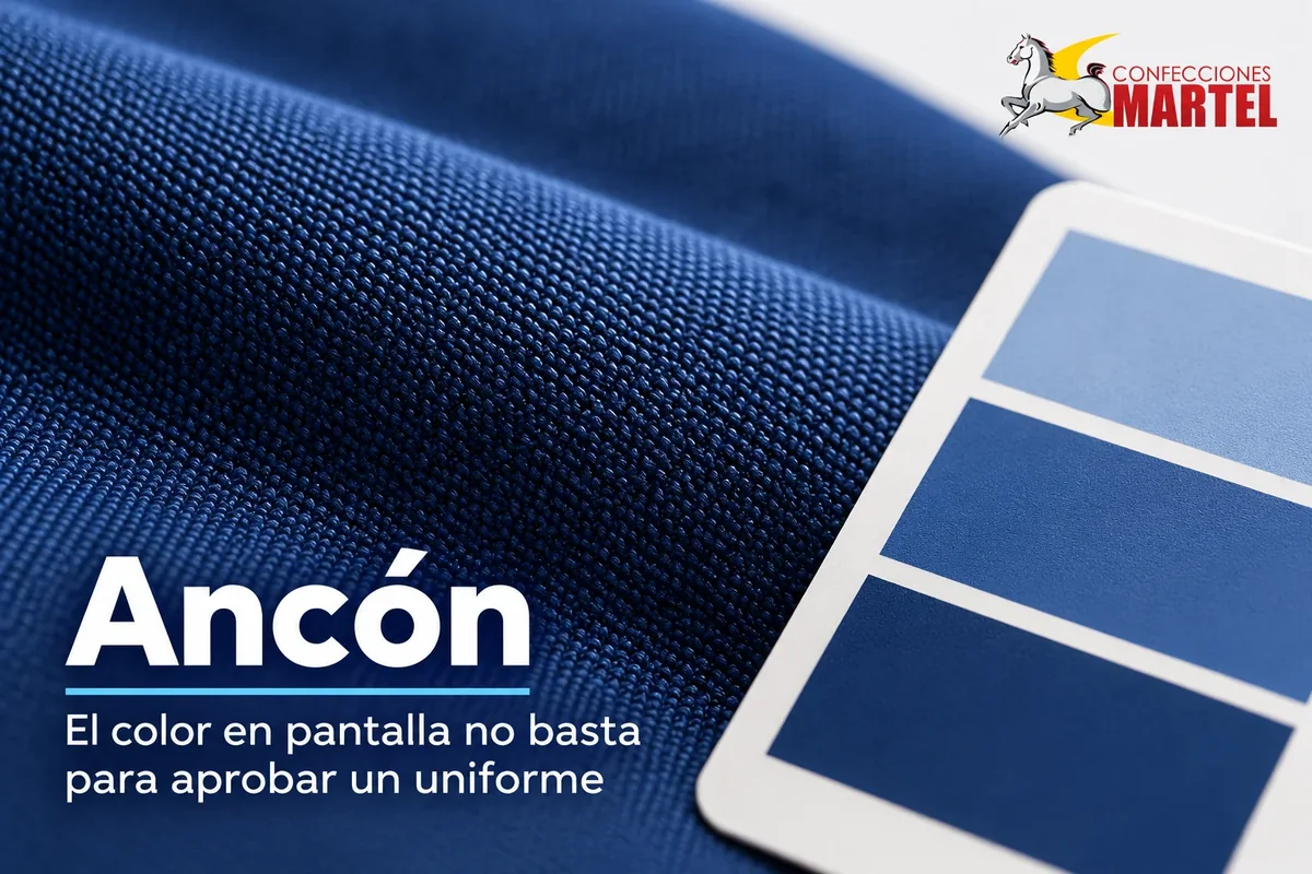 Ilustración referencial de macro de trama azul con tarjeta de color sin código Pantone inventado, para explicar comparar referencia digital y muestra física sin prometer igualdad absoluta.