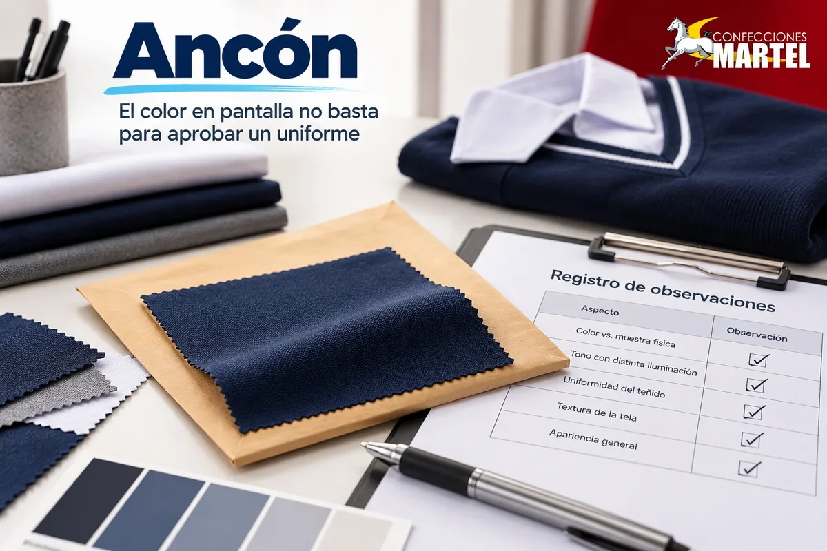 Ilustración referencial de mesa con sobre de muestra y registro de observaciones, para explicar comparar referencia digital y muestra física sin prometer igualdad absoluta.
