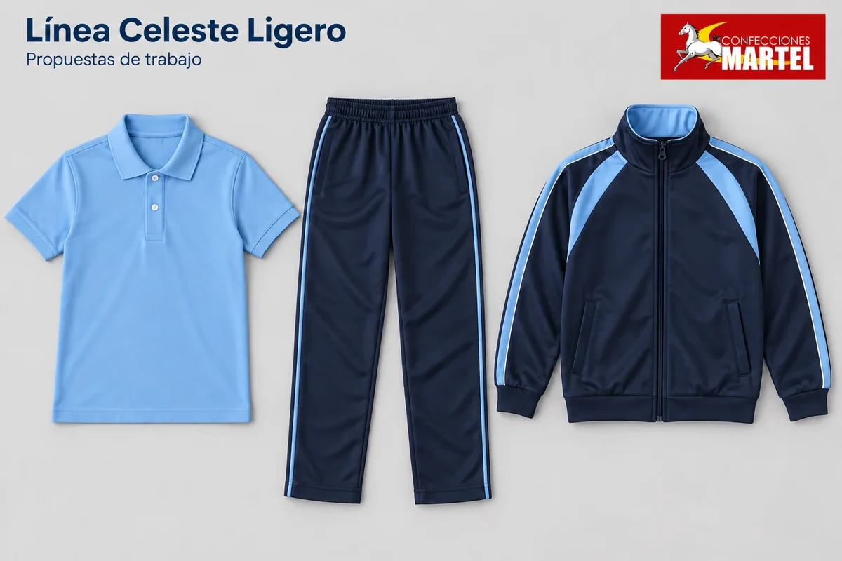Polo celeste combinado con prendas deportivas marino.