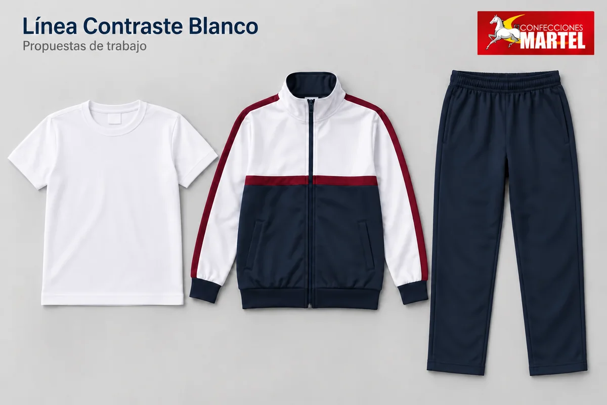 Propuesta deportiva blanca y marino con acentos granate.
