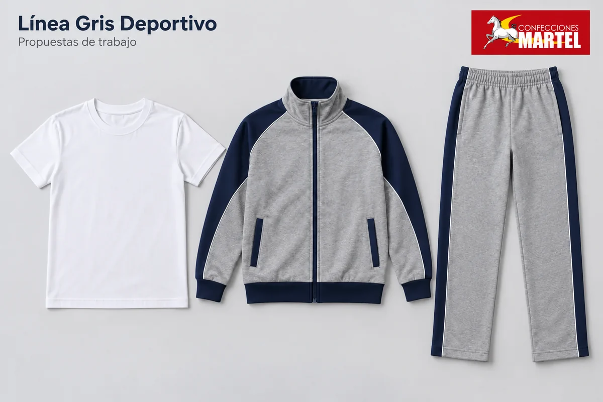 Propuesta deportiva gris con contrastes azul marino.
