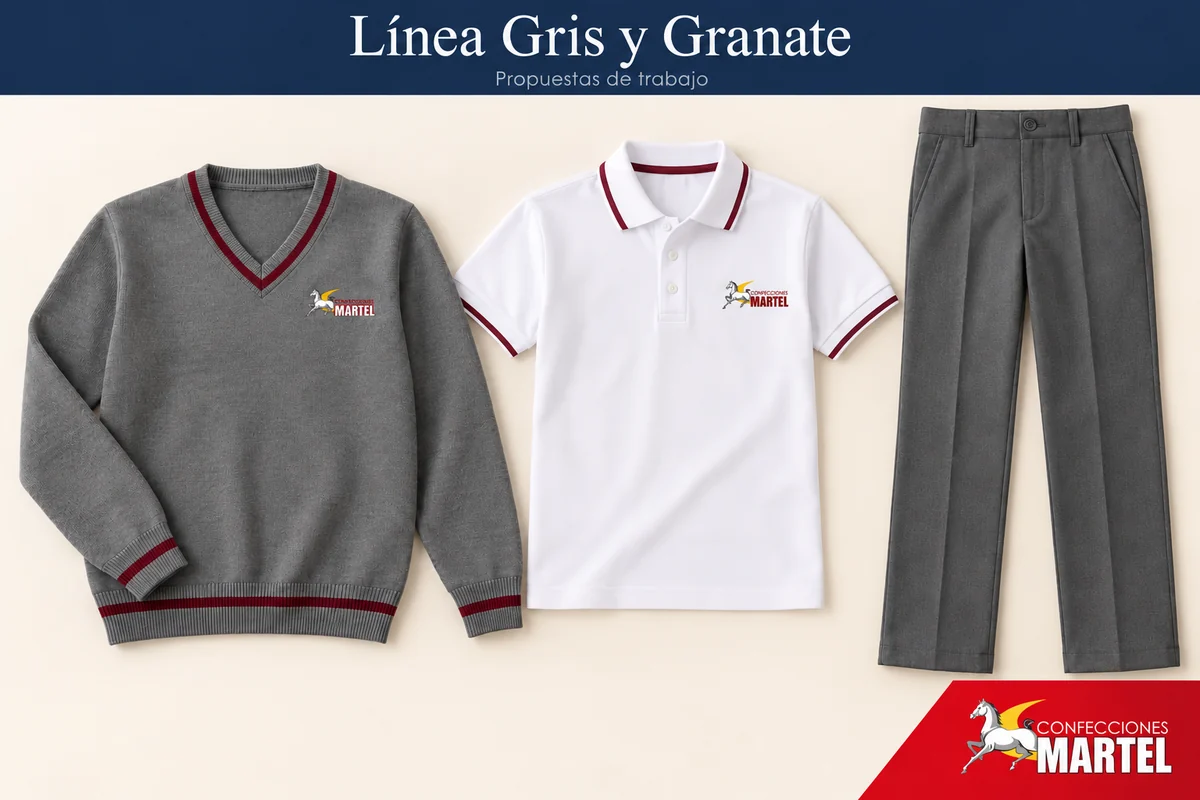 Propuesta de diario con chompa gris y ribetes granate.