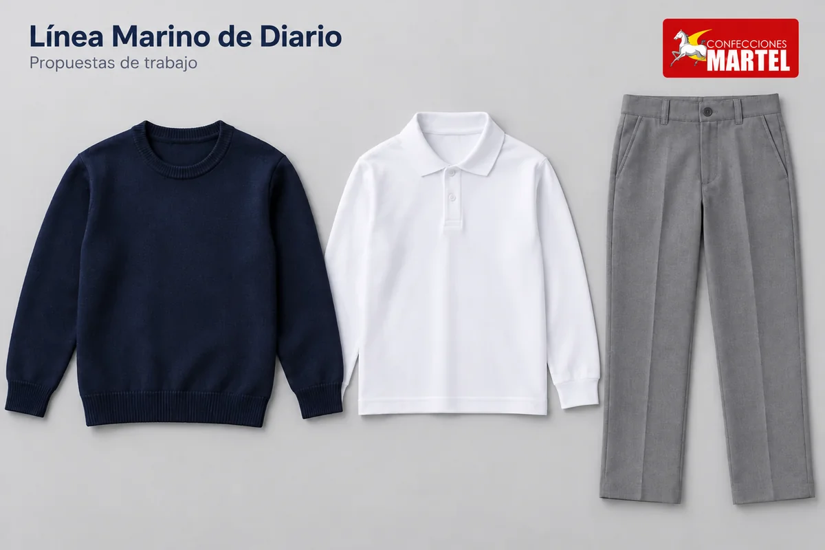 Combinación de diario con chompa marino y pantalón gris claro.