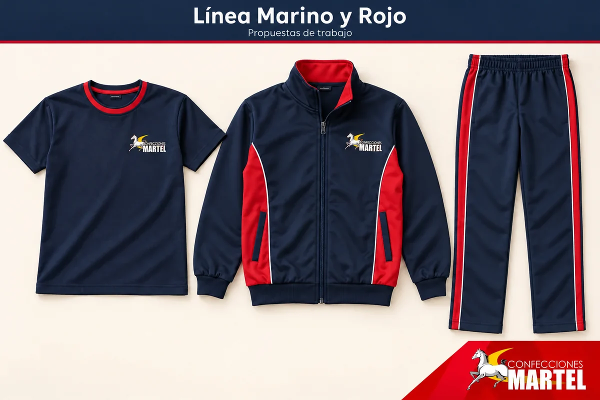 Conjunto deportivo marino con contrastes rojos.