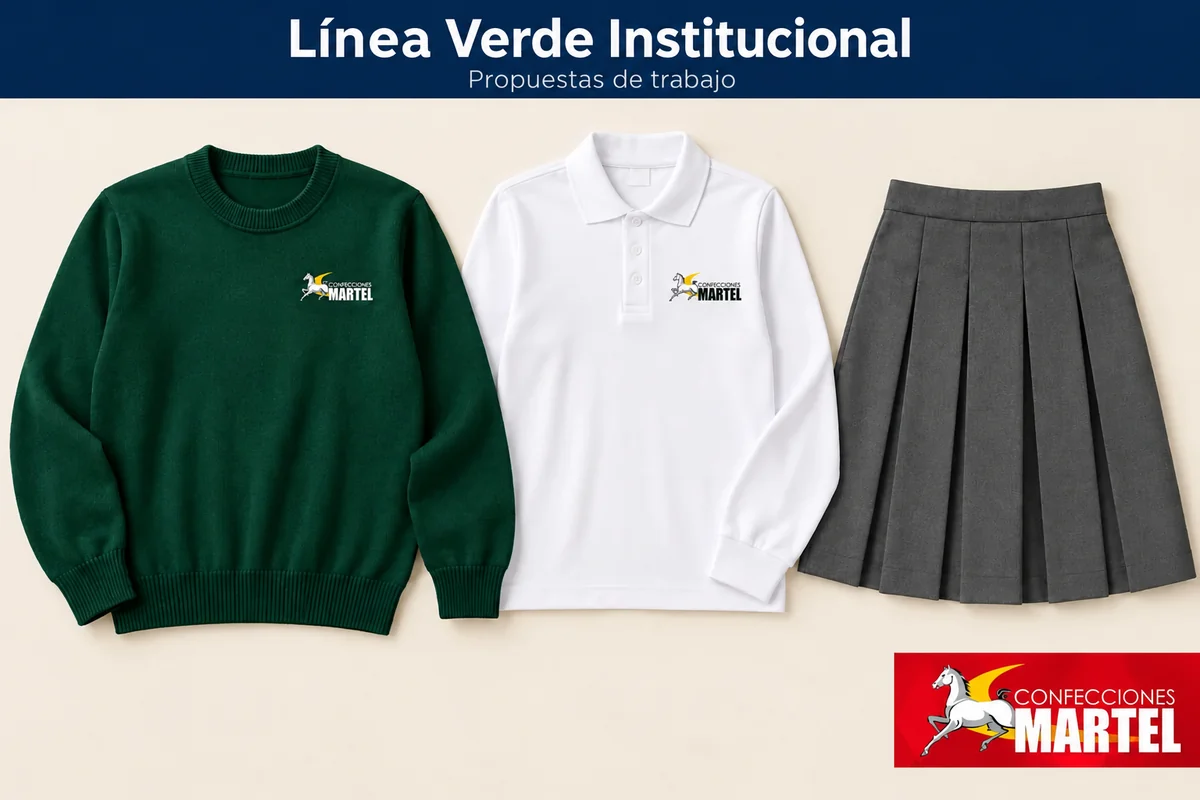 Combinación de chompa verde, polo blanco y falda gris.