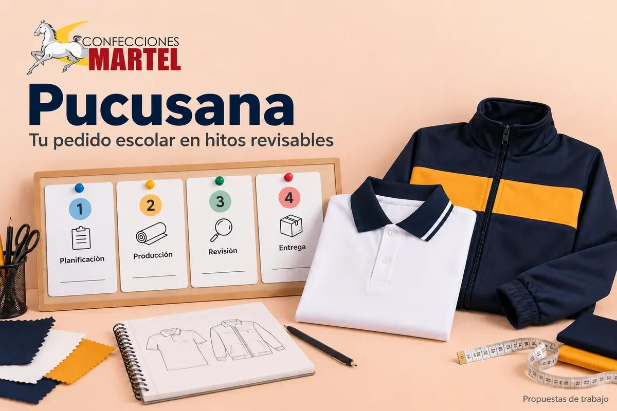 Ilustración referencial de tablero de cuatro hitos junto a polo blanco y casaca navy, para explicar descomponer fecha objetivo sin prometer tiempos de transporte.