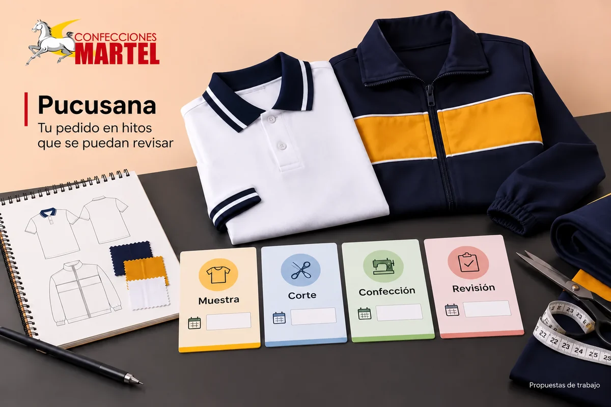 Ilustración referencial de tarjetas Muestra/Corte/Confección/Revisión con fechas vacías, para explicar descomponer fecha objetivo sin prometer tiempos de transporte.