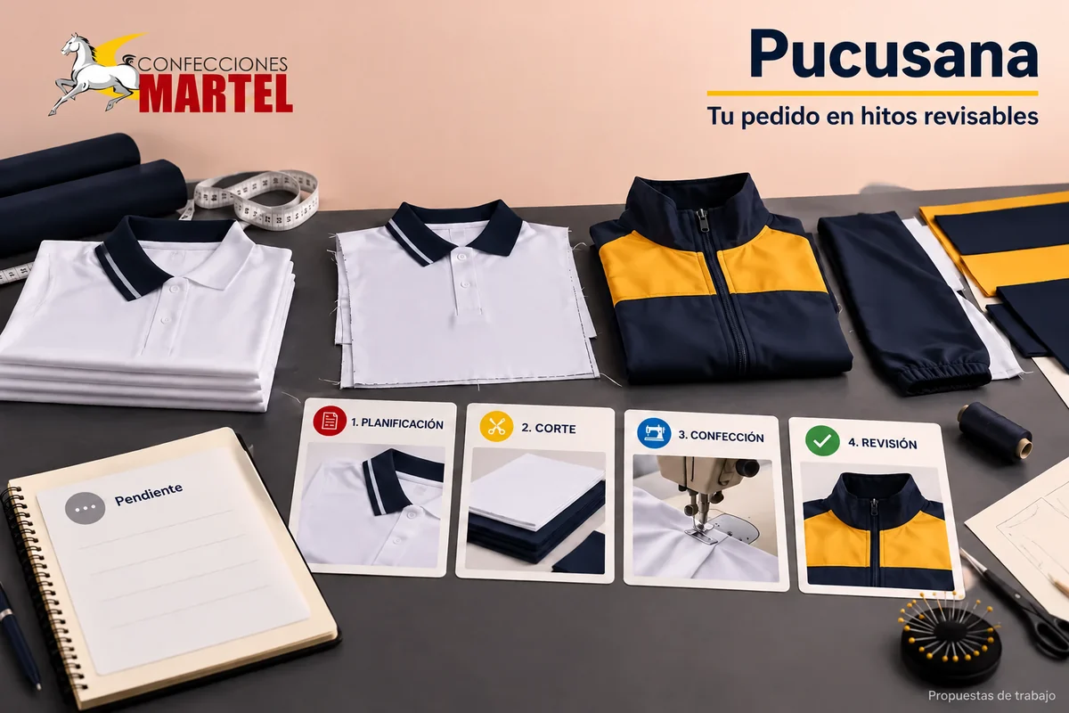 Ilustración referencial de línea de proceso sobre mesa con prendas en etapas distintas, para explicar descomponer fecha objetivo sin prometer tiempos de transporte.