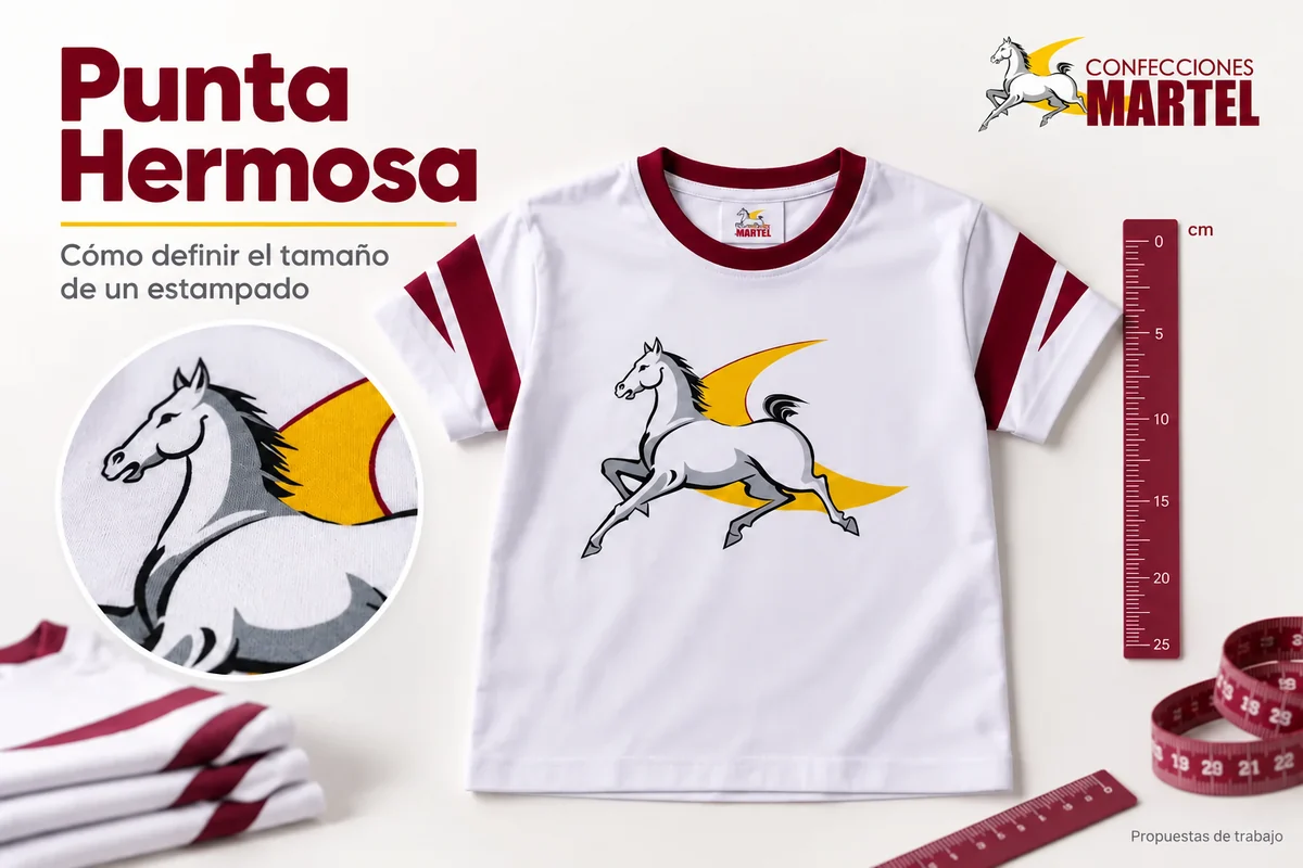 Ilustración referencial de polo blanco con gráfica ficticia Martel y regla de referencia, para explicar medir arte y área de impresión con prueba a escala.