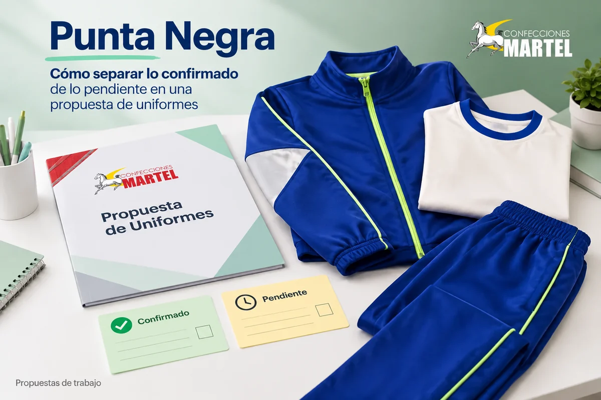 Ilustración referencial de carpeta de propuesta y conjunto azul con tarjetas de estado, para explicar lista de decisiones abiertas para no confundir presupuesto con aceptación.