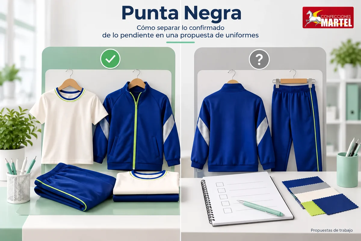 Dos paneles conceptuales con prendas azules y blancas, un símbolo de confirmado y otro de pendiente por definir.