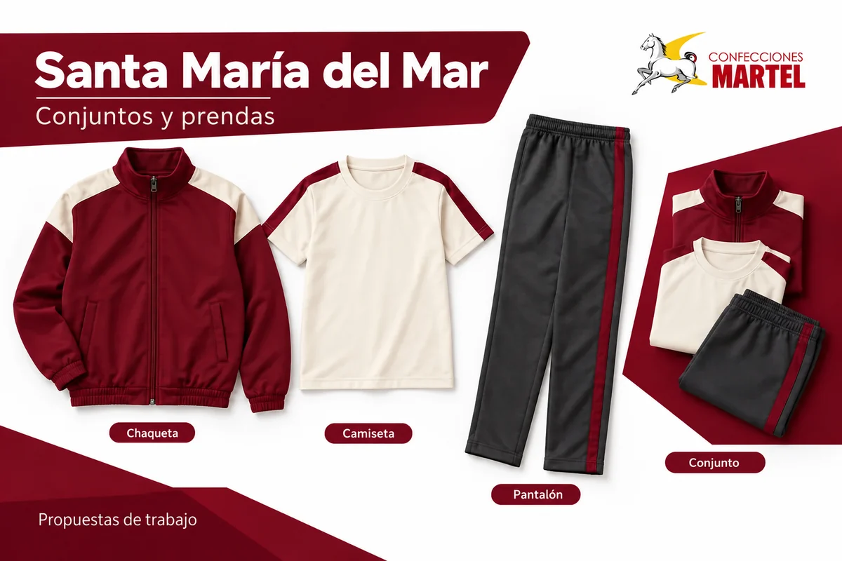 Ilustración referencial de tres prendas separadas junto a un conjunto armado, para explicar ejemplo aritmético explícito sin precios y sin asumir matrícula.