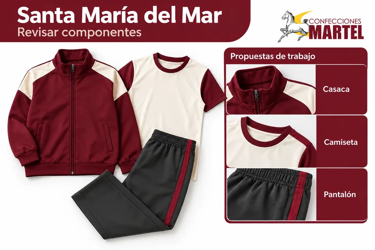 Conjunto deportivo granate, crema y gris con acercamientos a casaca, polo y pantalón para revisar sus componentes.