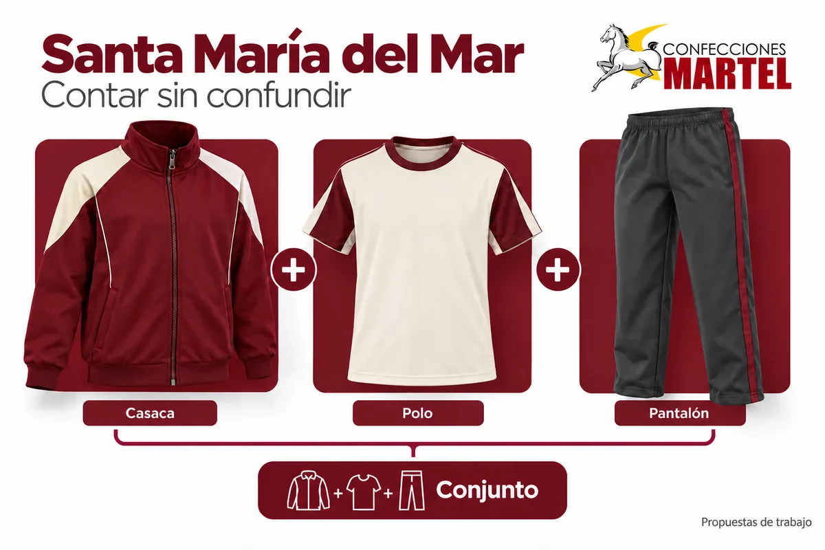 Diagrama referencial de casaca más polo más pantalón como componentes de un conjunto deportivo.