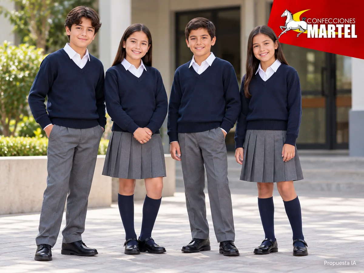 Propuesta ilustrativa Martel: escolares con camisa, chompa y pantalón o falda; sin accesorios extra.