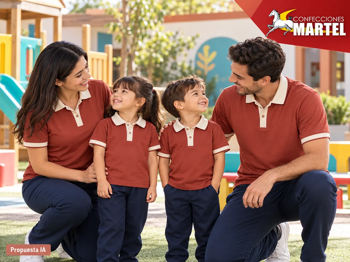 Propuesta ilustrativa Martel: polo infantil y adulto puestos en modelos apropiados.