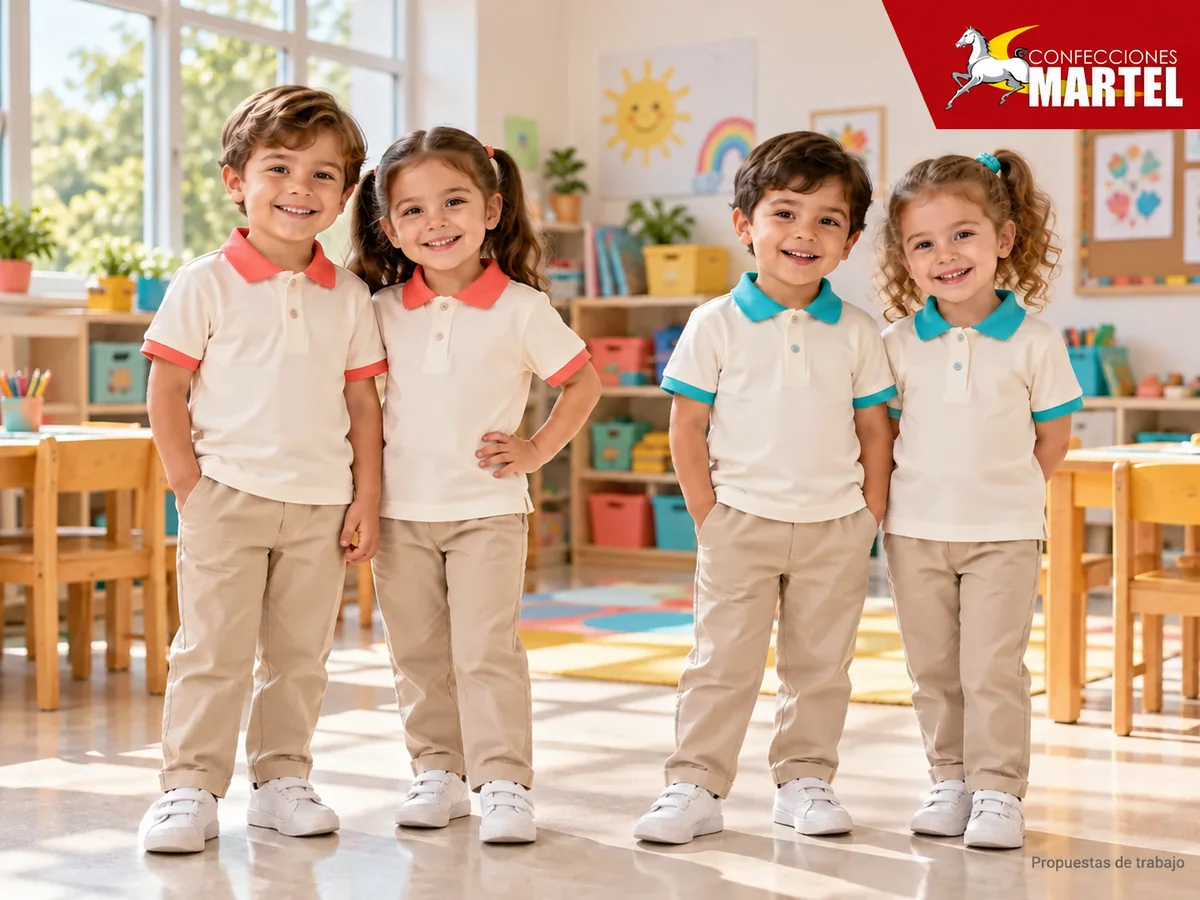 Cuatro niños en parejas muestran polos marfil con cuellos coral o turquesa. Propuesta referencial de propuesta de Confecciones Martel.