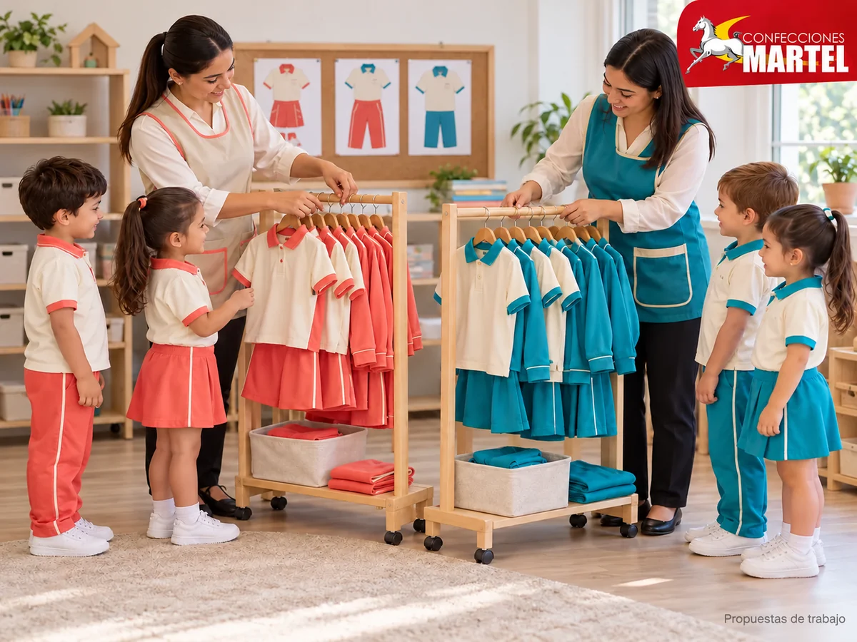 Dos adultos y cuatro niños organizan percheros con prendas coral y turquesa. Propuesta referencial de propuesta de Confecciones Martel.