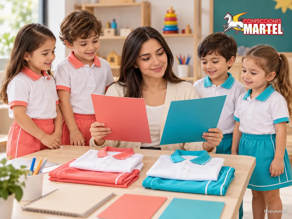 Adulto y niños sostienen carpetas sin nombres junto a prendas dobladas por color. Propuesta referencial de propuesta de Confecciones Martel.