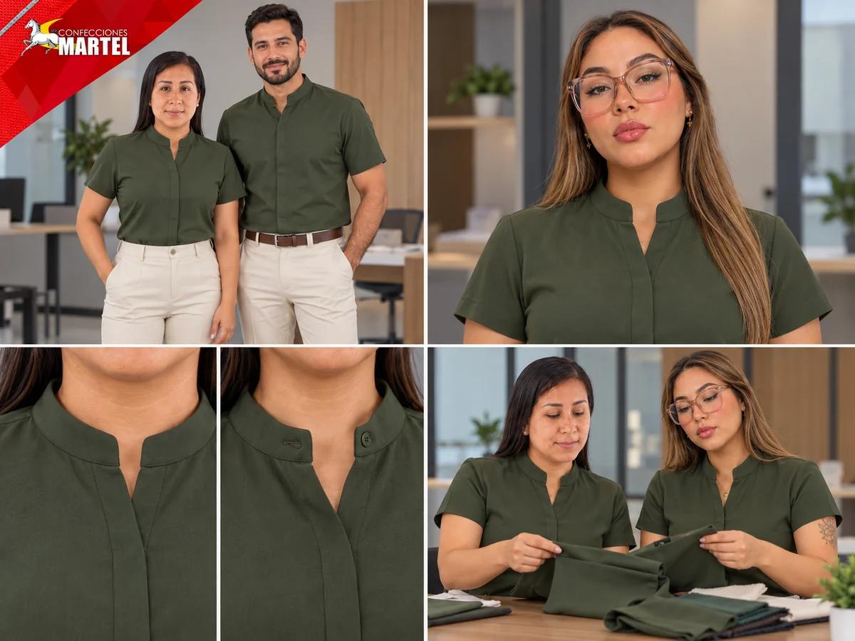 Variante de camisa cuello mao manga corta verde oliva y marfil