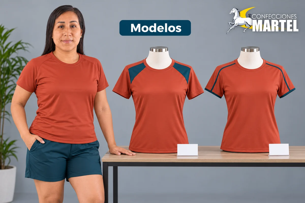 Modelo adulta junto a dos camisetas terracota, con paneles de hombro o ribetes azul petróleo.